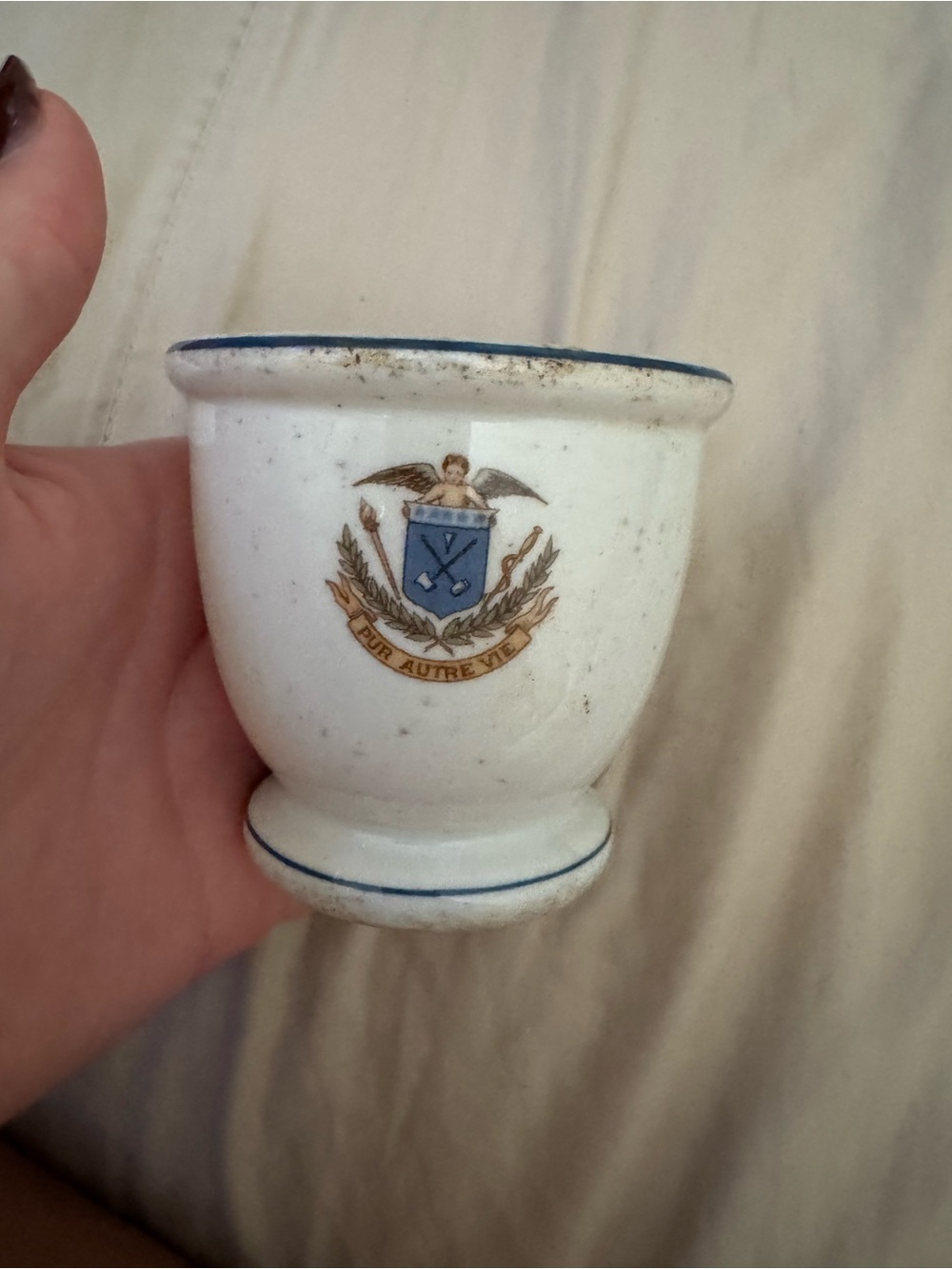 Vintage White Ceramic Egg Cup with Blue Trim and Crest